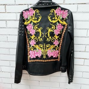 Urban Outfitters Vegan Black Leather Stud & embroidered jacket Large New w/ Tags